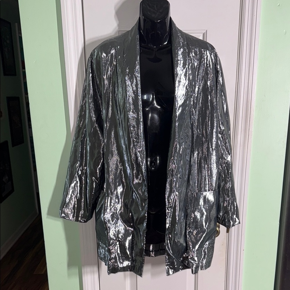 Vintage Silver 70/80s Disco Shiny Open Front Blazer Jacket Estimated Size Med/Lg